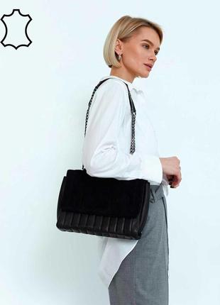Женская сумка клатч на цепочке натуральная кожа  стеганая   «темми»черная с замшем2 фото
