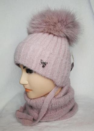Зимний комплект шапка на завязках и бафф детский для девочки шик