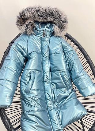 Зимове пальто колір індиго під шкіру з хутром песця на флісі