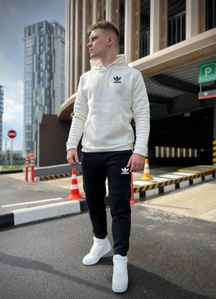 Мужской зимний спортивный костюм adidas белый с черным | комплект худи и штаны адидас