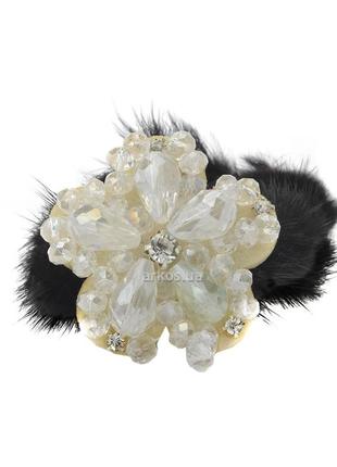 Гумка для волосся хутряна чорна з кристалами fashion