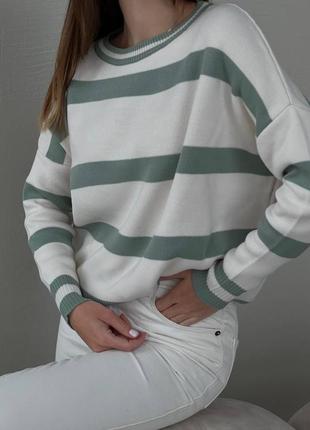 Зеленая кофта в широкую полоску акрил стильная свободная свитер джемпер свободный качественный3 фото