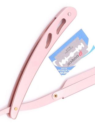 Професійна небезпечна бритва barber pearl rose gold — мідно-перламутрова шаветка зі змінними лезами + 5 лез