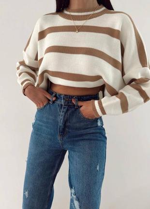 Оливковая кофта в широкую полоску свободная качественная акрил свитер джемпер укороченый светлый стильный свободный теплый7 фото