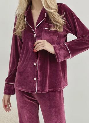 Плюшева піжама на гудзиках. велюрова рубашка та штани