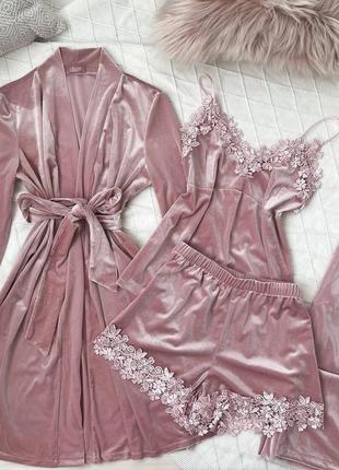 Бархатний комплект четвірка . домашній плюшевий комплект четвірка. плюшевий халат та піжама трійка. халат майка шорти штани