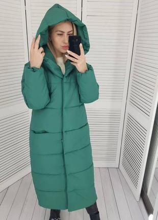 Зимнее теплое длинное пальто женское зеленое прямое с капишоном женское длинное пальто зеленоеное зимнее4 фото