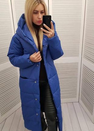 Зимове тепле довге пальто жіноче синій пряме з капішоном женское длинное пальто синее зимнее4 фото