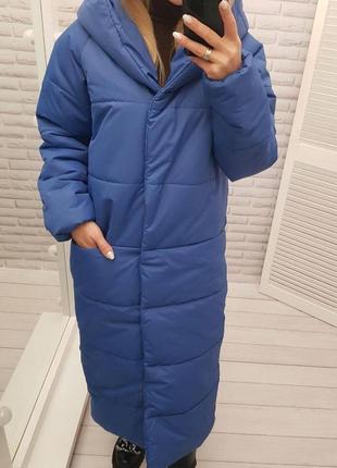 Зимове тепле довге пальто жіноче синій пряме з капішоном женское длинное пальто синее зимнее9 фото