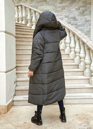 Зимнее теплое длинное пальто женский хаки прямое с капишоном женское длинное пальто хаки зимнее5 фото