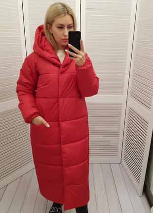 Зимнее теплое длинное пальто женское красное прямое с капишоном женское длинное пальто красавное зимнее5 фото