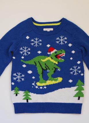 Новогодний праздничный свитер кофта мальчику снежинки светятся. динозавр новый год