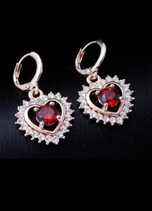 🏵шикарні ювелірні сережки серце гранати фіаніти, нові! арт. 1619