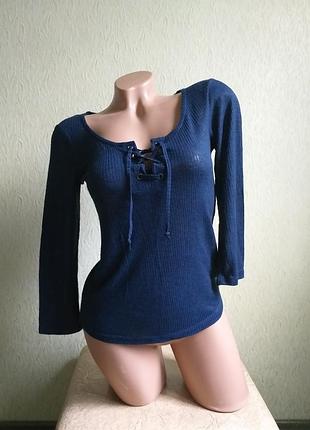 Лонгслив. гольф в рубчик. топ. теплая футболка со шнуровкой. синий.