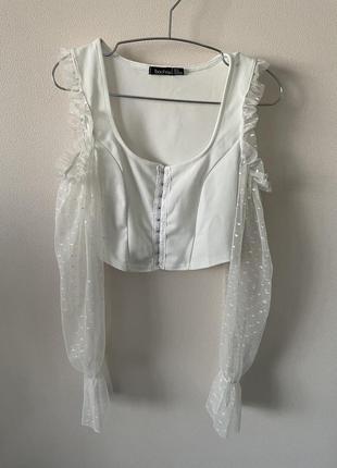Блуза- топ на гачках укорочена з фатиновими рукавами