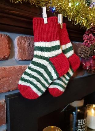 Новорічні дитячі шкарпетки теплі шерстяні в'язані на подарунок 12-18 місяців handmade