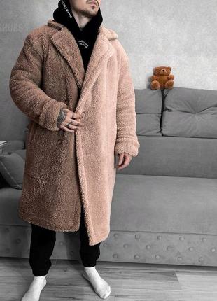 Мужская шуба плюшевая оверсайз двухцветная бежевая теплая мягкая | мужское плюшевое пальто