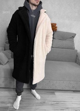 Мужская шуба плюшевая оверсайз двухцветная черная с бежевым теплая мягкая | мужское плюшевое пальто