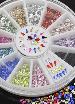 Стрази для дизайну нігтів в каруселі, крапля, 3 мм,12 кольорів1 фото