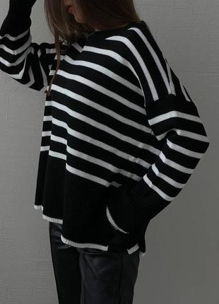 Белая кофта в черную полоску теплая качественная стильная трендовая акрил джемпер свободного кроя свитер5 фото