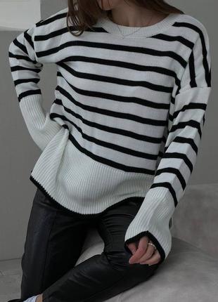 Белая кофта в черную полоску теплая качественная стильная трендовая акрил джемпер свободного кроя свитер2 фото