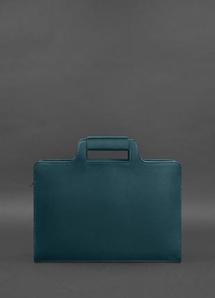 Женская кожаная сумка для ноутбука и документов большая горизонтальная через плечо с ручками зеленая4 фото