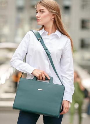 Женская кожаная сумка для ноутбука и документов большая горизонтальная через плечо с ручками зеленая7 фото