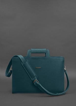 Женская кожаная сумка для ноутбука и документов большая горизонтальная через плечо с ручками зеленая2 фото