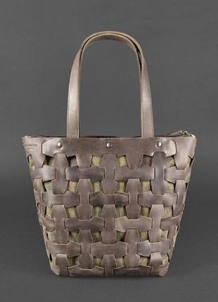 Кожана плетена жіноча сумка шоппер, сумка-шопер з натуральної шкіри розмір l темно-коричнева