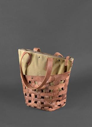 Кожаная плетеная женская сумка шоппер, сумка-шопер из натуральной кожи размер l светло-коричневая5 фото