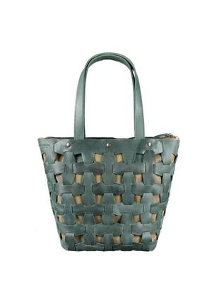 Кожаная плетеная женская сумка шоппер, сумка-шопер из натуральной кожи размер l зеленая8 фото