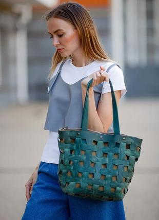 Кожаная плетеная женская сумка шоппер, сумка-шопер из натуральной кожи размер l зеленая7 фото