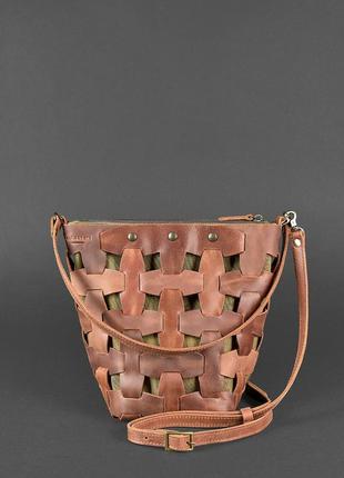 Женская кожаная плетеная сумка через плечо кросс-боди из натуральной кожи размер м светло-коричневая2 фото