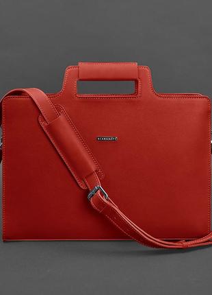Женская кожаная сумка для ноутбука и документов большая горизонтальная через плечо с ручками красная1 фото