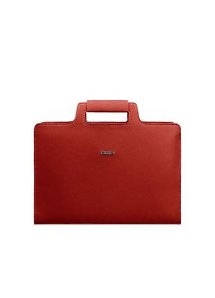Женская кожаная сумка для ноутбука и документов большая горизонтальная через плечо с ручками красная9 фото