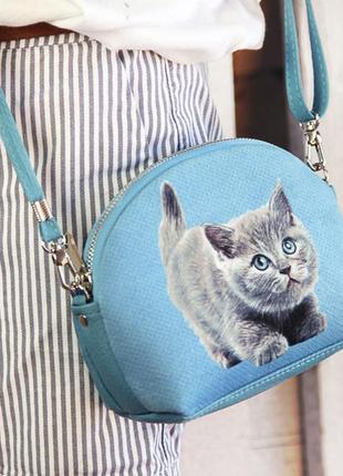 Маленькая сумочка кожа+текстиль серый котенок  20х14х7см