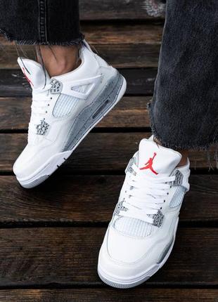 Мужские высокие кожаные кроссовки nike air jordan retro 4 white\grey#найк7 фото