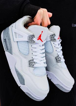 Мужские высокие кожаные кроссовки nike air jordan retro 4 white\grey#найк
