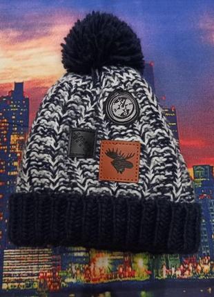 Тепла зимова шапка з бомчиком синя в'язана двійна з хутром утеплена зимня жіноча чоловіча унісекс