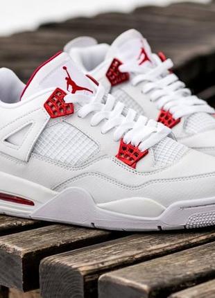 Мужские высокие кожаные кроссовки nike air jordan retro 4 white metallic red#найк2 фото