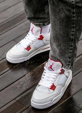 Мужские высокие кожаные кроссовки nike air jordan retro 4 white metallic red#найк6 фото