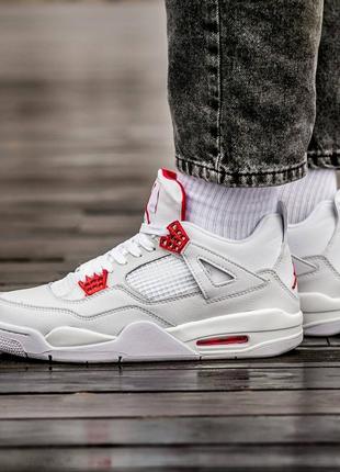 Мужские высокие кожаные кроссовки nike air jordan retro 4 white metallic red#найк5 фото