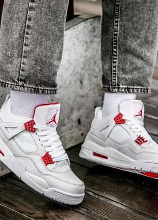 Мужские высокие кожаные кроссовки nike air jordan retro 4 white metallic red#найк9 фото