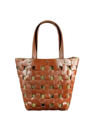 Кожаная плетеная женская сумка шоппер, сумка-шопер из натуральной кожи размер l светло-коричневая8 фото