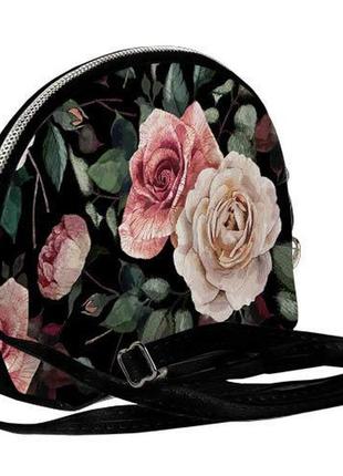 Маленькая сумочка кожа+текстиль розы черн 20х14х7см