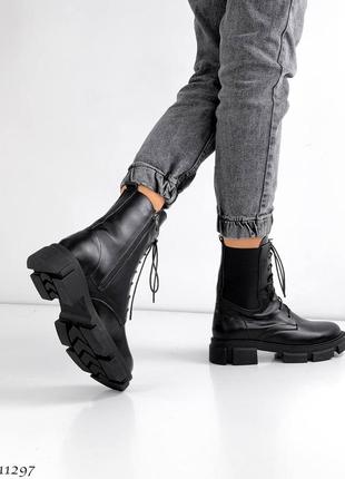 Зимові жіночі повномірні шкіряні черевики берці з хутром овчина натуральна шкіра зимні ботинки чорні теплі і зручні кожа мех2 фото
