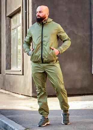 Мужской спортивный костюм из плащевки хаки весенний осенний с капюшоном2 фото