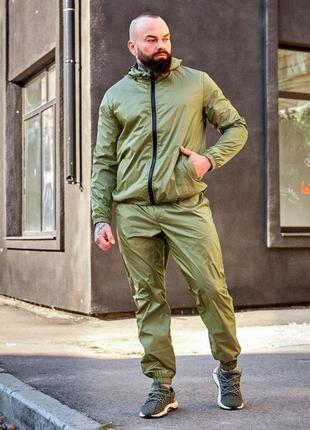 Мужской спортивный костюм из плащевки хаки весенний осенний с капюшоном7 фото