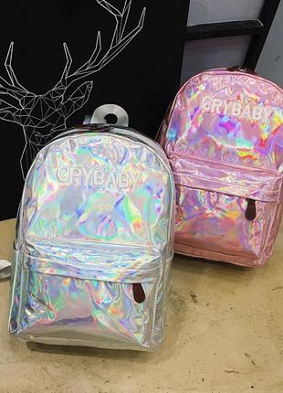 Школьный голографический рюкзак crybaby блестящий лаковый4 фото