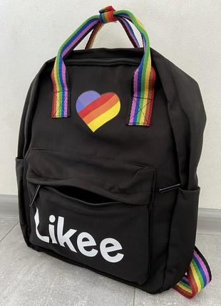 Рюкзак в стиле канкен с радужными ручками likee лайки чёрный портфель сумка1 фото